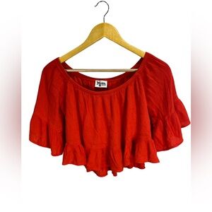 Show Me Your Mumu Red Ruffled Cropped Top Size M Off Shoulder Bell Sleeve